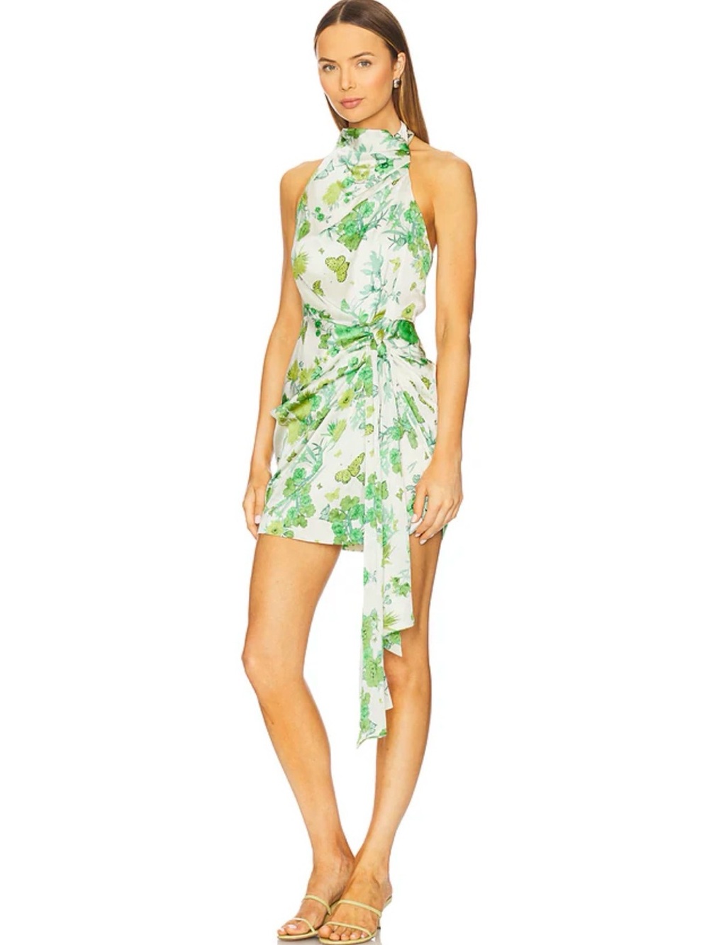 Elliatt White and Green Floral High-Neck Tie-Waist Mini Dress